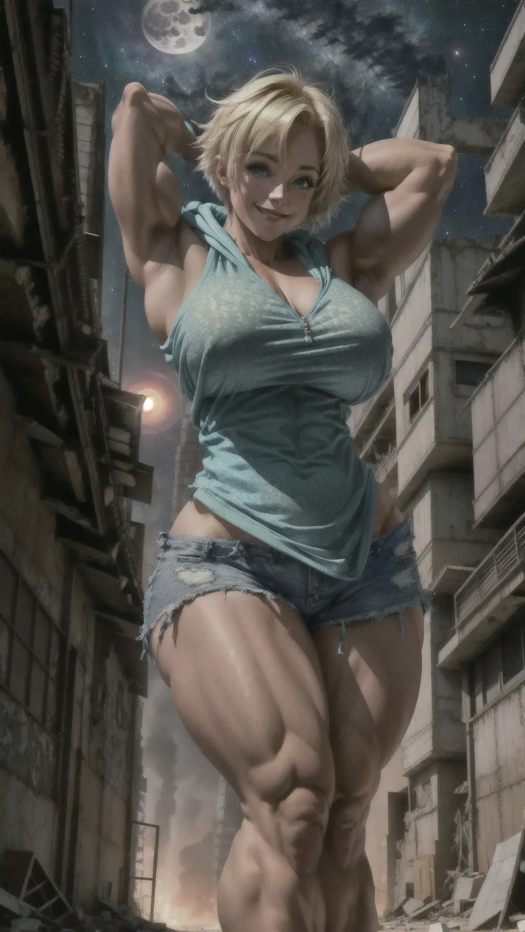 An 8k resolution photograph of a gorgeous blonde woman. She has a big smile, and is looking at the viewer. She has enormous breasts, and she is wearing a sleeveless cotton hoodie. Her hoodie is unzipped. Her breasts are exposed. She is wearing dolphin shorts. Her thighs are extremely large. Her thighs are extremely thick. Her arms are above her head, her hands are behind her head. She has a pixie haircut. She is extremely curvy. She is extremely muscular. She is standing in an abandoned city. Apocalyptic setting. Apocalyptic tone. It is night time. The sky is very starry, and a full moon is in the background. Ominous lighting. <lora:dpmg_muscle_girl:1> <lora:dpmg_add_detail:1>