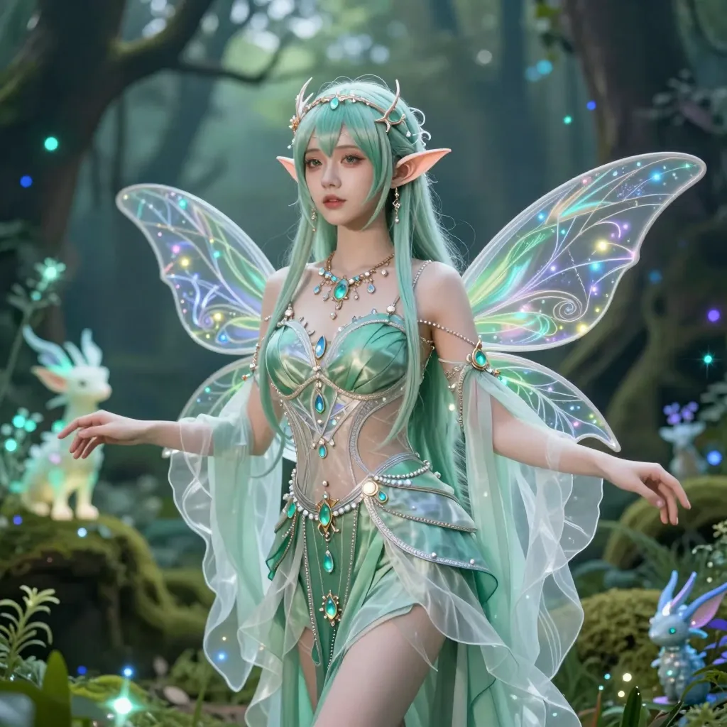 A female cosplayer portraying an
ethereal fairy or elf, wearing a
flowing dress made of delicate
fabrics in soft, mystical colors like
emerald green and silver. She has
pointed ears, a gentle, enchanting
expression, and her outfit is
adorned with sparkling jewels and
intricate patterns. The background
is a magical forest with glowing
plants, mystical creatures, and a
serene atmosphere.