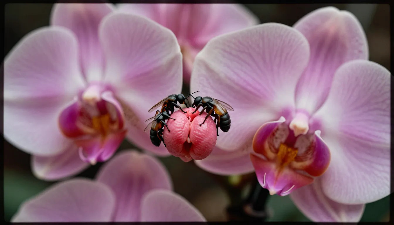 A close-up HD picture of Dewy pink pristine pink orchid vagina-flowers and little pink pouting puckering rosebud anus-flowers grow swollen and ready, while lustful sex-insects try to impregnate them deeply with their penis-like proboscis