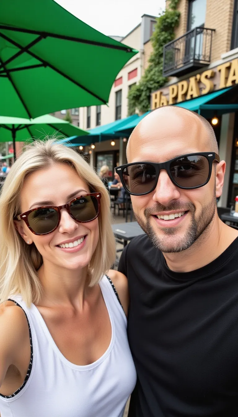 Selfie of a man and woman in their early 50s, both wearing sunglasses, on an outdoor patio with green umbrellas. She is blonde mid length hair milf smiling at the camera, while he has balding very short hair, a clean-shaven face, and a goatee. He is wearing a black t-shirt and a white tank top, with a restaurant background