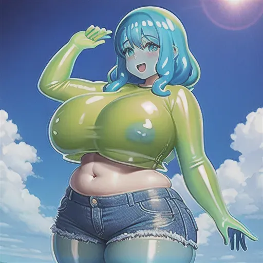 Slimegirl, chubby, large breasts, wide hips, pudgy tummy, jean shorts, crop top, skin made of slime, blue skin, covered in slime, blue slime