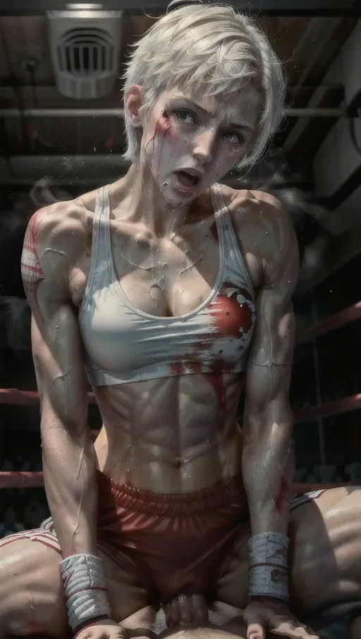 athletic, <lora:dpmg_muscle_girl:0.5>,dyke,tall,white,
short hair, lanky hair,high cheekbones, pale, milf, abs,
sports bra, boxing gloves,
exhausted, sweating, (bruised), abused, (tears), beaten,bleeding,bloodied, (humiliated), (knocked out), (sick), (terrified), scratched, (bukkake), (cum on face), (orgasm),(screaming), creampie, (squirting),
boxing gym,
<lora:dpmg_pov_cowgirl:0.9>, cowgirl, (arms back),(hollow), (pov), vaginal,sex, big cock, (long cock), hands down, slick cock, closeup,
<lora:dpmg_add_detail:1.0>, (best quality),
beautiful, (((masterpiece))),(high resolution), (uhd), (8k)