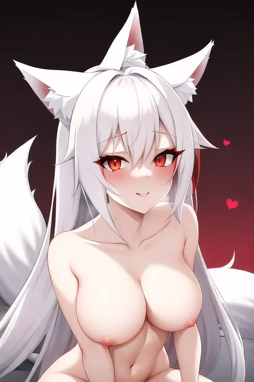 A cute and naked anime girl with red eyes, white hair, 9 white fox tails and white fox ears and giving a guy with a big oily dick a blowjob