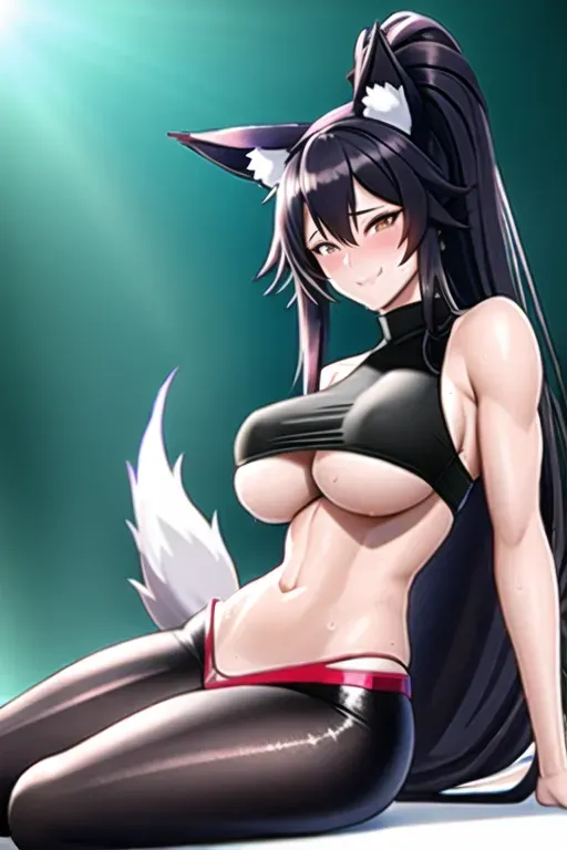 A woman with fox ears, long thick fox tail, long thick hair in a high ponytail, tone body, sweaty skin, covered in cum, thick cum everywhere, ultra realistic, sitting on a thick penis, orgasming, realistic face and features, tight ripped shirt, large boobs, lewd, lustful smile, striking facial features, realistic sweat, frontal view, legs wide open, black leggings torn open at crouch area, on a stage, hyper realistic, aheago