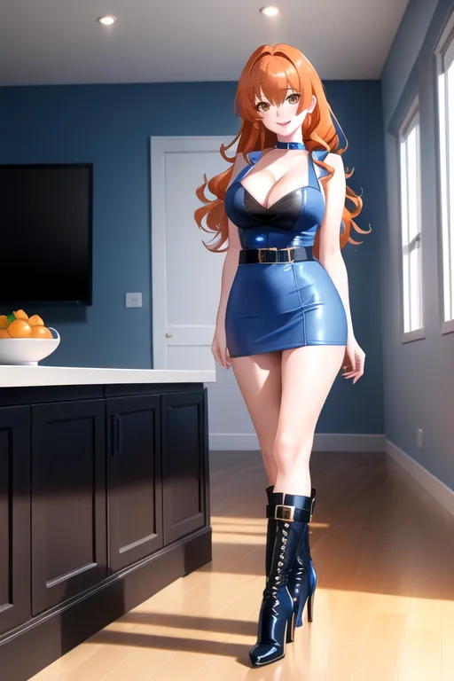 miniskirt, blue minidress, orange hair, choker, brown eyes, pale skin, giant breasts, boots, cleavage, high heels, looking at viewer, walking across room, living room, 1girl, smiling, wavy hair, 8K, Full body photo, slim body