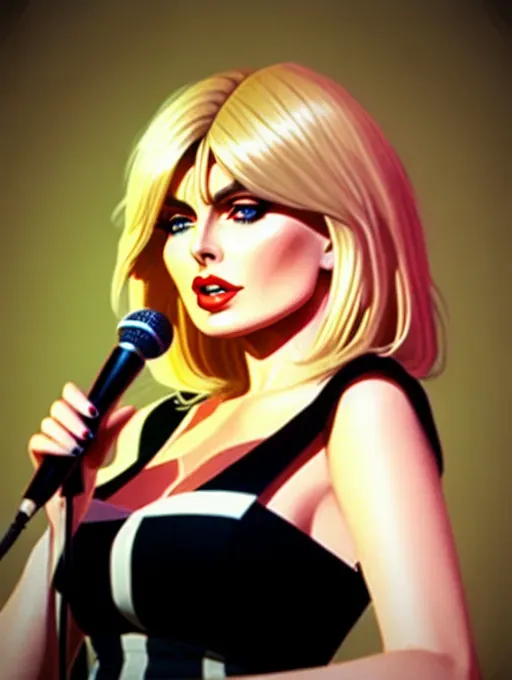 (best quality), (Debbie Harry) (of Blondie), (Deborah Harry), accurate likeness, ((high detail)), ((sharp lines)), (soft focus)) 25 years old
Looks like the real Debbie Harry,
Wearing tight summer dress with black and white vertical stripes,
wearing knee-high go-go boots,
Face looks happy sexy seductive,
detailed realistic beautiful blonde hair,
Detailed realistic Gorgeous face With soft facial featured,
beautiful full red lips,
beautiful realistic detailed blue eyes,
beautiful realistic curved eyebrows,
textured pale skin, sexy,
Small breasts,
How old is holding a microphone in her hand and singing into the microphone
(slim but curvy body),
(5-hands), (5-good-hands),
(Five slender perfect fingers on each hand)
heavily detailed, sharp focus, artstation, pixiv,
16K, HDR,
(natural lighting) (natural tones)
Hyperrealistic, (photorealistic),
ultrarealistic,
Deep rich saturated colours,
pastel goth colours, Absurd resolution, pixiv,