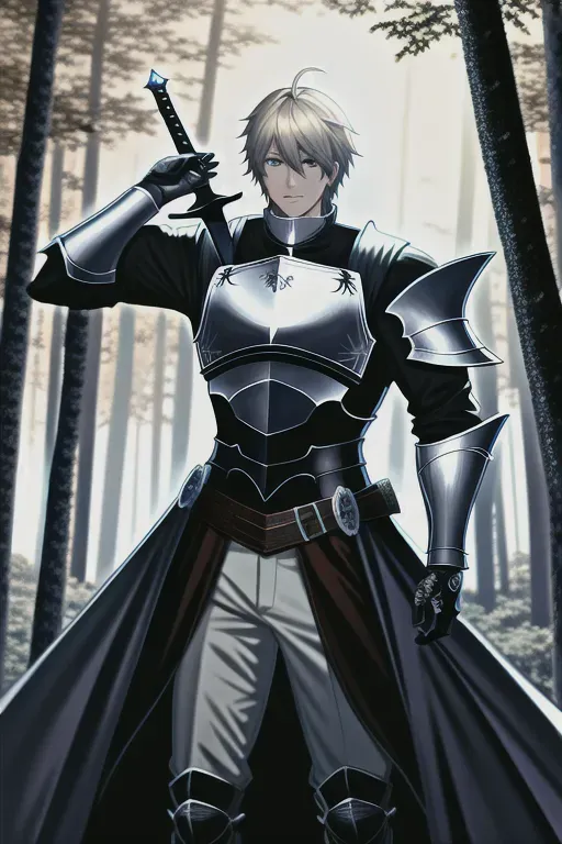 Knight, anime, male, 8k wallpaper, best quality, ultra hd, global lighting, hi-resolution, high quality, highly detailed, in a forest, with a sword