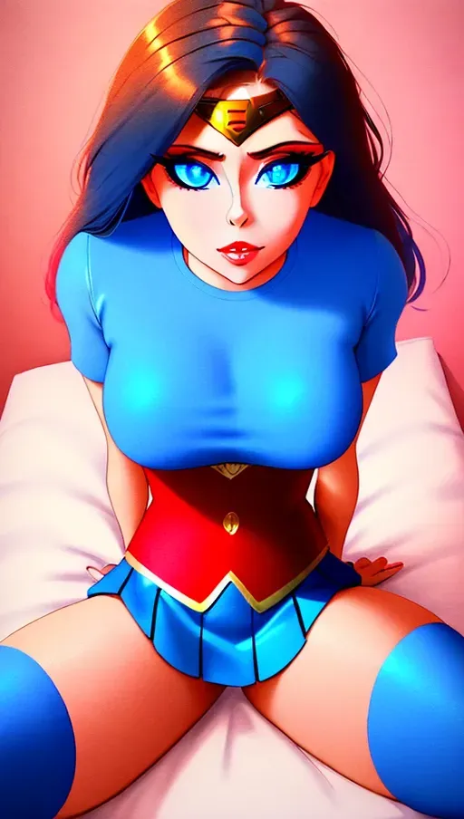 lovely gorgeous woman with big round blue eyes and perfect body dressed in wonder woman costume with red and gold and blue skirt with open arms to hug, loving and pure, she is laying in a comfy bed with soft pink lighting and a comforting mood, detailed beautiful eyes, flowing black hair
