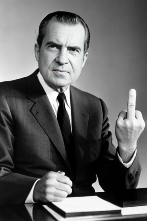 A high resolution medium photo of, Richard Nixon, showing the middle finger, flipping the bird, giving the middle finger,<lora:dpmg_middle_finger:1>, looking at the camera