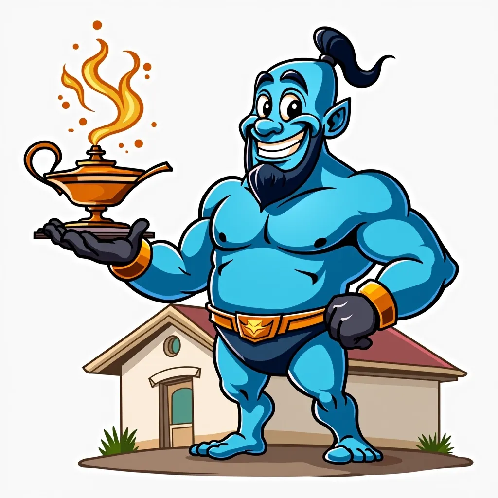 cartoonish rendition of a genie being used as a company character logo, genie is confident and friendly but also mysterious, genie is strong but not muscularly cut, genie is associated with residential rooftop services, genie does not have legs but issues forth like smoke from a magic lamp which rests on the outlined roof of a residential ranch style house