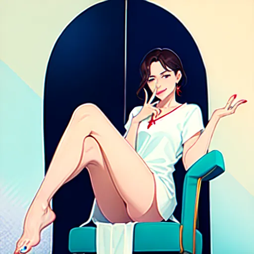 a woman licking the finger tip of her index finger just before turning the page of a magazine, sitting with her legs crossed and dangling a wedge off her toe, the arch of her foot is accentuated by the manner in which her legs are crossed