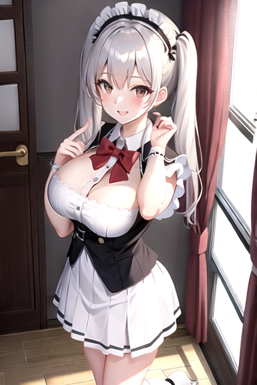 8k quality, brown eyes, pale white skin, white hair, giant breasts, cleavage, looking at viewer, pov, long hair, wavy hair, standing in bedroom, maid uniform, roller skates, miniskirt, pigtails, full body photo, smiling
