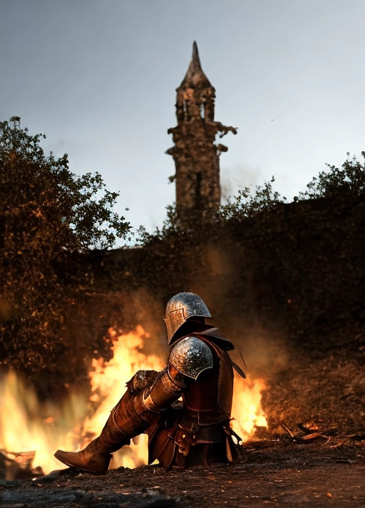 ((Dark souls)), Dark souls warrior, sitting by bonfire, ruins in background, dark lighting, dull colors,