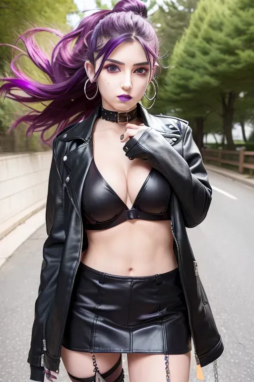 A high resolution 8k photo of, 20 year old emo goth biker chick, slender, purple hair, nose ring, the wind is blowing her frizzy wild crazy hair, black bra and black leather skirt, looking at me