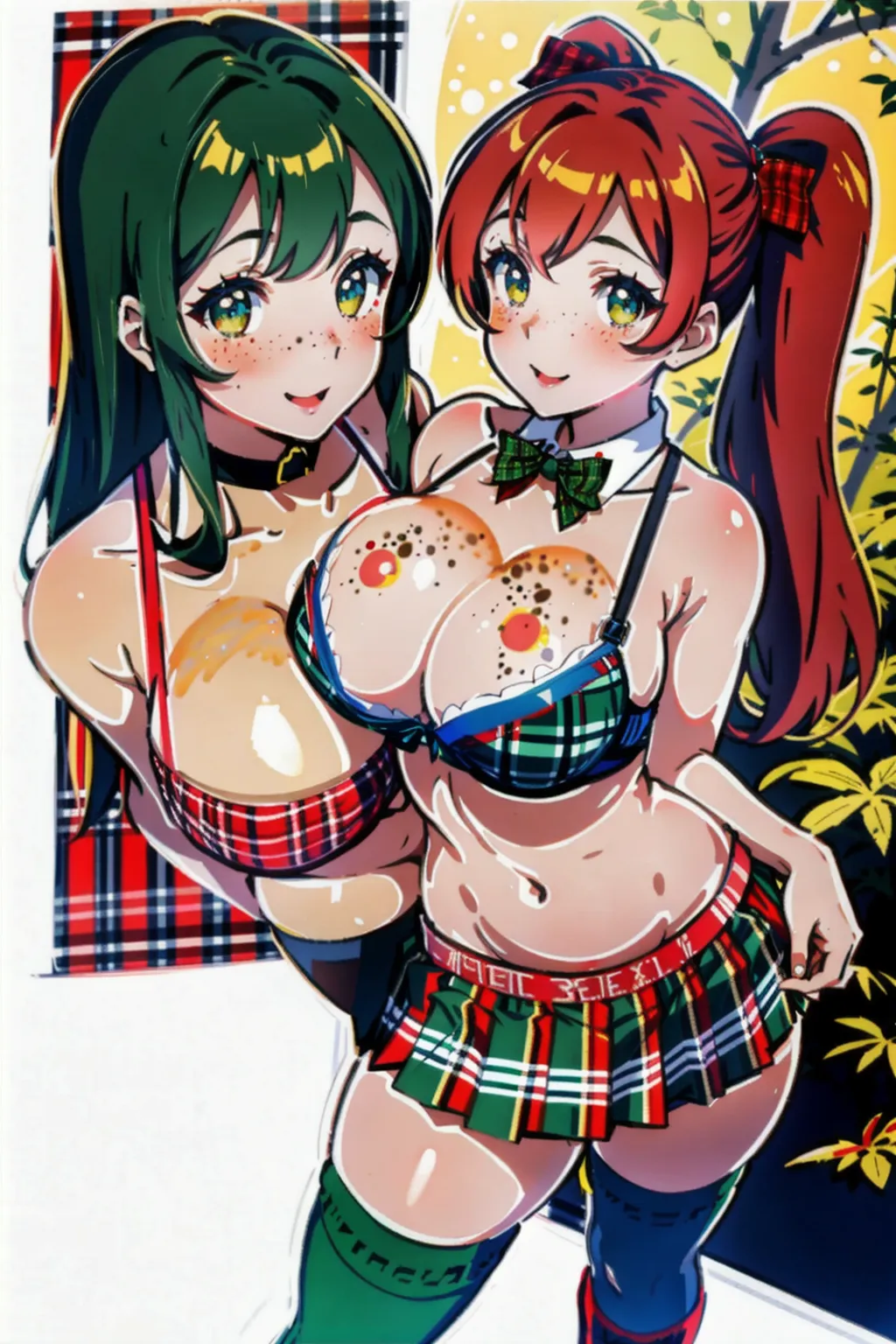 8k full body photograph of, younger sister, 18 years old, detailed face, happy, cute face, ((plain forest-green bra)), bow-tie, (((red plaid skirt))), (((blue striped knee socks))), red lace choker, vibrant green eyes, very pale skin, (((red freckles))), red lip-gloss, wild red hair, ((((massive breasts)))), tiny waist, wide hips, hourglass figure, fit, (no fat), ((toned stomach)), bubble-butt, sexy legs, standing at the front-door, ((looking up towards the camera)), (blushing), ((((hands held behind her back cutely)))), leaned forward slightly, cute pose, textured skin, best lighting, raytracing, add more detail