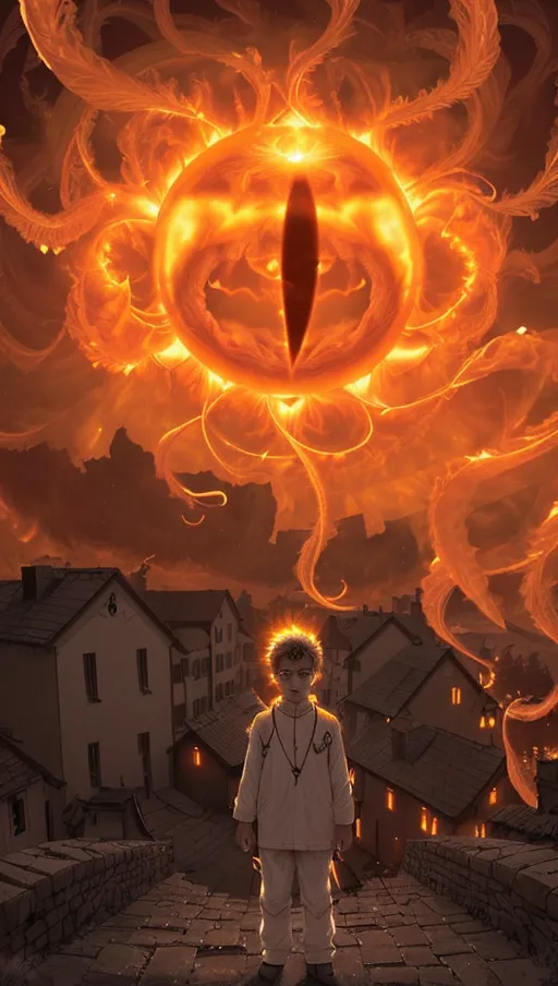 (the sun erupts with solar flares shaped like tendrils),
(The village beneath is on fire),
(A boy wearing white stares up at the eye in the sky),