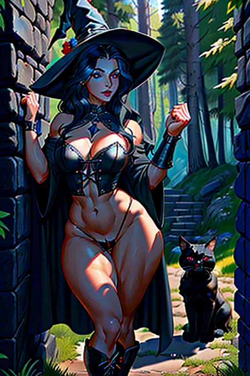 We see a (((couple))), a man and a woman, a medieval witch comforting a dashing knight, (the witch has beautiful black hair), she has soft thin eyebrows, she has green cat-like eyes, concave nose, soft cheeks, full lips, narrow chin, she has a thin figure, with cute breasts, thin waist, curvy hips, bubble butt, full thighs, cute feet, she is wearing a pointed witches hat, black witch robes, she is disrobing, she is exposing her genitals to the knight, (the knight is a dashing red head), he has defined eyebrows, he has blue eyes, concave nose, strong cheeks, strong chin, red beard, he has a mucular frame, biceps, triceps, abs, glutes, he is wearing a knights apparel, he still has pants and boots on, the with and the night are in a cottage, they are fixing to have sex, ((high definition)), ((4k quality)), (excellent lighting), (great shading), pristine detail, (very clear picture), ((beautiful vibrant colors)), (accurate at lower prompt guidence), ultra realistic, (((five fingers per hand))).