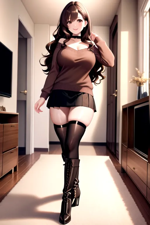 thigh high socks, miniskirt, brown hair, choker, brown eyes, pale skin, giant breasts, boots, high heels, looking at viewer, walking across room, living room, 1girl, smiling, wavy hair, 8K, Full body photo