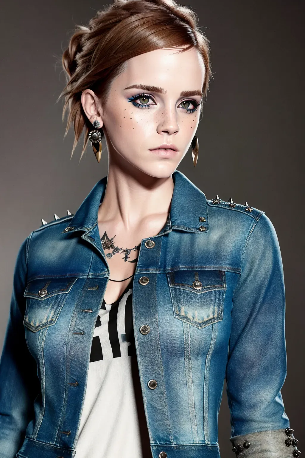 a concept photo of, punk rock Emma Watson, Grunge-inspired denim jacket with studs, patches, and a frayed hem, realistic eyes, small pupils, curved eyebrows, textured skin, flawless face, cgsociety, unreal engine, highly detailed, artstation, deviantart, sharp image, centered, volumetric lighting, hyper-realistic, back lighting, studio lighting,