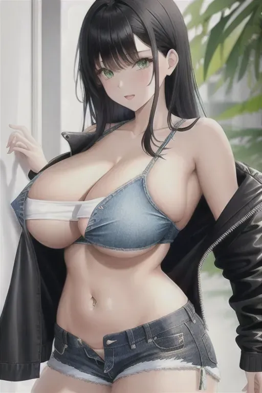 Black hair, green eyes, panties, cropped unziped jacket, jean shorts, big boobs, big butt, no shirt, thick