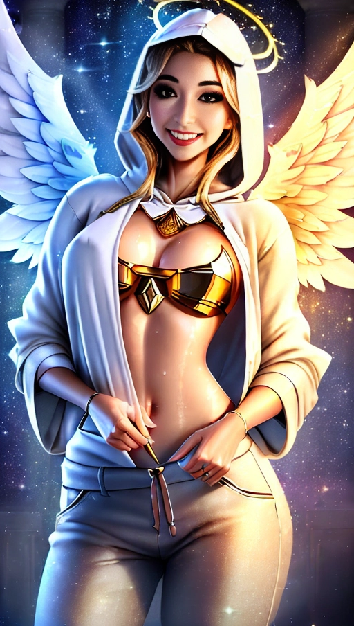 a 64k high detailed photo of Female Goddess, ((In clothing Robes))), (((In Hoodie))), HDR, Professional, Highly Detailed, ((In pants))), ((In Shirt)), ((Has Attire)), Godly, Ultra Detailed, Best Quality, Most Detailed, ((Angel Wings)), Angelic Lighting, Angelic Tattoos, Love, Hope, Magic casting, Smiling, happy, Glory, Warrior, Angels, Angelics, Positivity, Happiness, ecstasy, enraptured, sweaty, saving, God, Royalty, Morality, Goodness, True Good, Power, Force, Authority, Ethical, Saviour, Halo, Always and Forever Sentimental, in heat, hot, ultra hot, best, best lighting, tantric, Neutral, Brilliant, Logical, Compassionate, Perfect, Perfection, Exciting, Integrity, Winged, Courage, Purity, Harmony, Beauty mark, ((Female)), Ethereal Lighting, (((With Clothes))), ((With God Item)), ((God Tech)), (God Technology), with items of power, God Wings, (Afterlife Light), ((Perfect Body)), ((Perfect Anatomy)), (Love Worship), (God Light), ((God Staff))), ((God Weapon)), (Spirituality), (Smiling), ((Happy expression)), ((((Has Clothing On))), accessories,