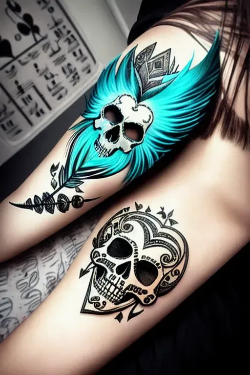 neiima tik tok star, broader face, smaller sharper green-blue eyes, face, turquoise hair, has 3 tattoos including skull on feather and roses on upper right arm, music notes around eye with heart-moon pupil on chest, and words love written on left arm, zoom out, show entire body, loose wet pussy visible dripping, has tattoos including skull on feather and roses on right arm, music notes around eye with heart-moon pupil, and love written on left arm