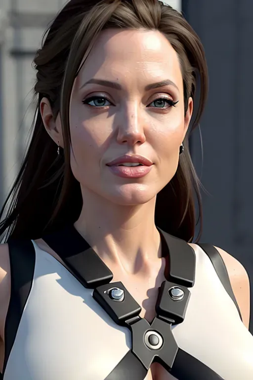 concept art of Angelina Jolie, light freckles, empty hands, in a sci-fi movie, wearing white tactical body armor, white leggings, high white boots, gun holsters, straps on legs, updo red hair, confident smile, flirty pose, five fingers per hand,textured skin,cgsociety,8k, unreal engine, highly detailed, artstation, deviantart, cinematic, centered, medium close up, 8k, studio lighting, long neck, hyper-realistic