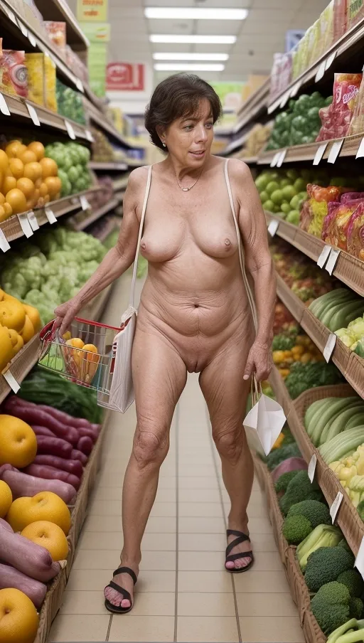 A naked mature neighbor lady with saggy and natural shaped floppy hanging tits, dark hair, and a middle aged female body shape wears only her sandals and carries her purse as she sexually arouses herself by shopping naked at the local grocery store. People in the background are fully clothed and wearing street clothes as they react with surprise at her nudity in the grocery store. My Neighbor Lady is getting away with showing her bare vagina and naked titties in public while she is shopping nude at the local grocery store. Come here and look at your neighbours nasty pussy.