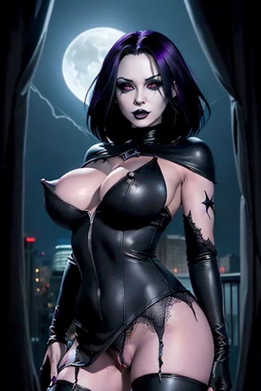 beautiful goth girl cosplaying raven from dc comics, accurate costume, porn scene,erotic (cum slut:1.3),beautiful huge bimbo breasts with nice nipples, (outfit), perfect face, dynamic pose, 8K, digital photo, shot at night,dark,demonic, foreboding, dark energy,dark misty tendrils,<lora:dpmg_fingering:1>, dildo,