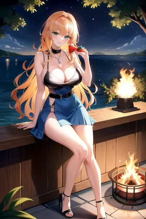 full body, strawberry blonde hair, green eyes, short girl, black high heels, looking at viewer, long hair, pale skin, silver necklace, 24 years old, giant breasts, cute face, pov, wavy hair, wide eyes, erotic, skirt tug, nighttime, slim body, sitting by lake, smiling, cleavage, 44F breasts, standing by campfire, blue minidress, serving drinks