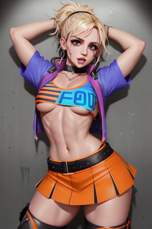 Britney spears, standing, extremely short Crop top, small tits, ((underboobs)), fullbody, blue and orange outfit, shirt pulled, up skirt, ((<lora:slap_mark:1>)), (dpmg_face_cum_v1:1), dpmg_runny_makeup_v1, nipples with piercing