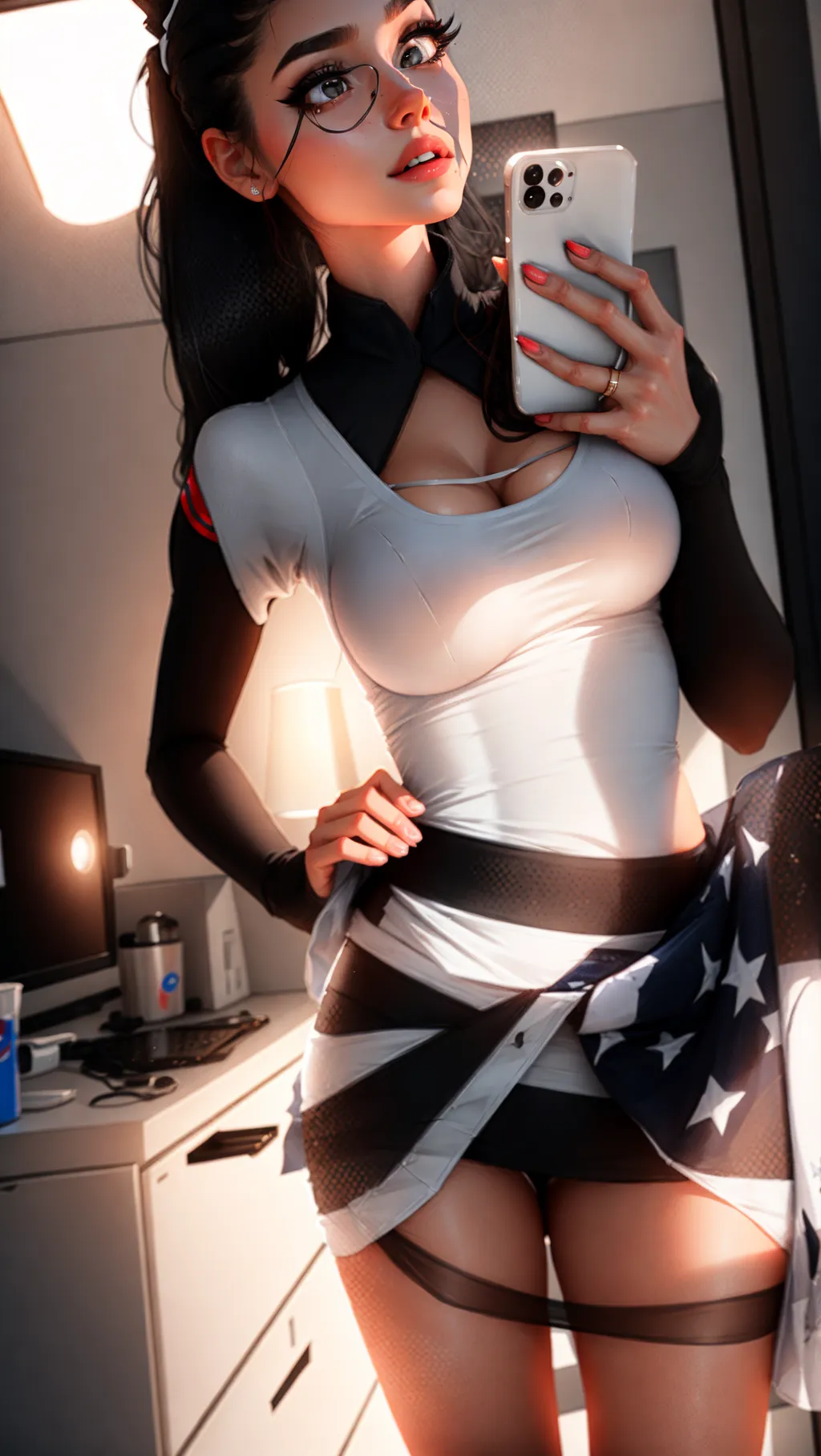 8k, high resolution, petite Model, professional lighting, black hair in a ponytail, white tight shirt, big breast, confederate flag skirt, <lora:dpmg_sam_yang:1>,