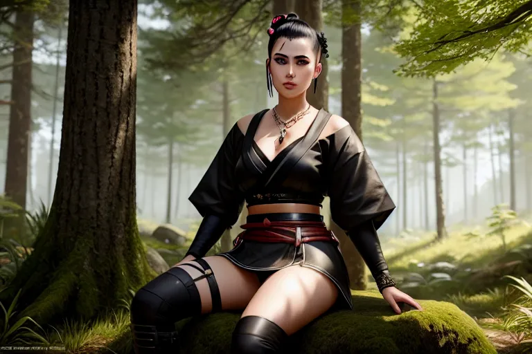 a photograph of,a denmark girl,wearing samurai clothes,sitting in a chair,in the forest,natural breasts,five fingers per hand,undercut hair,beautiful face,beautiful lips,black eyes,curved eyebrows,joyful,wearing necklace,pixiv,surreal,artstation,unreal engine,cgsociety