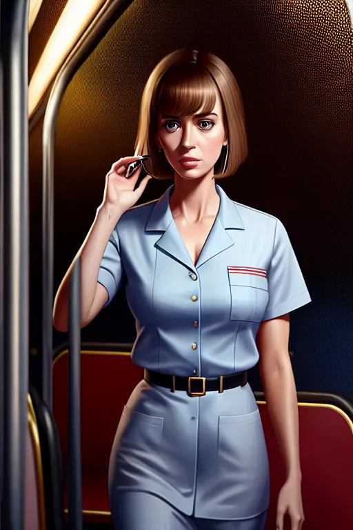 a digital painting of,emily blunt,wearing nurse clothes,walking,in the bus,five slender fingers,bangs hairstyle,gorgeous face,beautiful lips,blue eyes,curved eyebrows,textured skin,peaceful,wearing golden ring,surreal,artstation,sharp focus,bokeh,professional