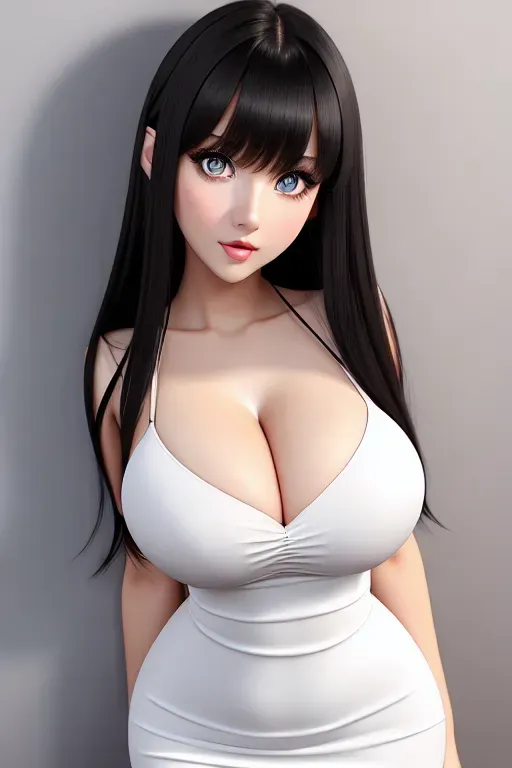 Gorgeous young European woman, photo cute attractive face, large wide doe eyes, light colored eyes, big plump lips, huge gigantic boobs, (gigantic tits), black hair, bangs, sexy, thin, slim waist, sexy tight-fit dress, photorealistic, best quality, ultra high resolution