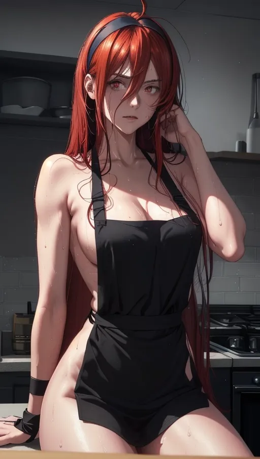 (Best quality, single frame image), (super colorful erotic portrait of woman seated with hands on face in contemplative pose), (long red hair with crossed_bangs (hair between eyes and ahoge) with sidelocks
nude with (black hairband) and naked-apron:1.2)
(correct anatomy, slender and toned), (large red eyes looking at viewer:1.12), (angry western face with arrogant expression:1.15), beautiful thin lips frowning,
mature and seductive, (moody faded colours in a dreamy landscape, dynamic colours with modern indoor apartment kitchen with cityscape:1.22), (hyperrealistic wet skin glistening with sweat:1.25),
soft focus, sharp and clear image, (flat shading stylised colorful art:1.07), <lora:dpmg_add_detail:0.25>, (physically based ray-tracing, photon mapping, soft lighting:1.12), (high resolution masterpiece, big woman with muscular thighs),