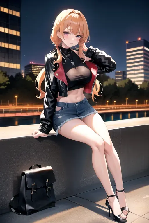 full body, strawberry blonde hair, hazel eyes, short girl, denim miniskirt, black high heels, looking at viewer, long hair, pale skin, silver necklace, black crop top, 24 years old, giant breasts, cute face, pov, wavy hair, city environment, Oklahoma City, wide eyes, erotic, skirt tug, leather jacket, nighttime, black backpack, slim body, low pigtails, sitting in park