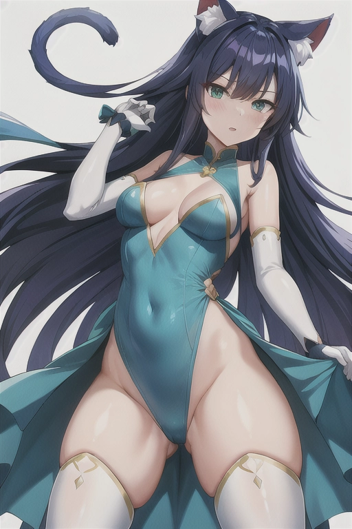 best quality, highres, ultra-detailed, neko, nekomimi, neko_ears, neko_tail, black_hair, blue-green_eyes, upper_body, lower_body, small_breasts, cleavage, very_long_hair, white_thigh_boots, (((detailed hands))), (((18))), aduld, highly detailed, wide shot, , (((correct anatomy))), blue_dress, long_dress, wide_dress, small_thighs, adventurer_outfit, thin, sfw, safe_for_work