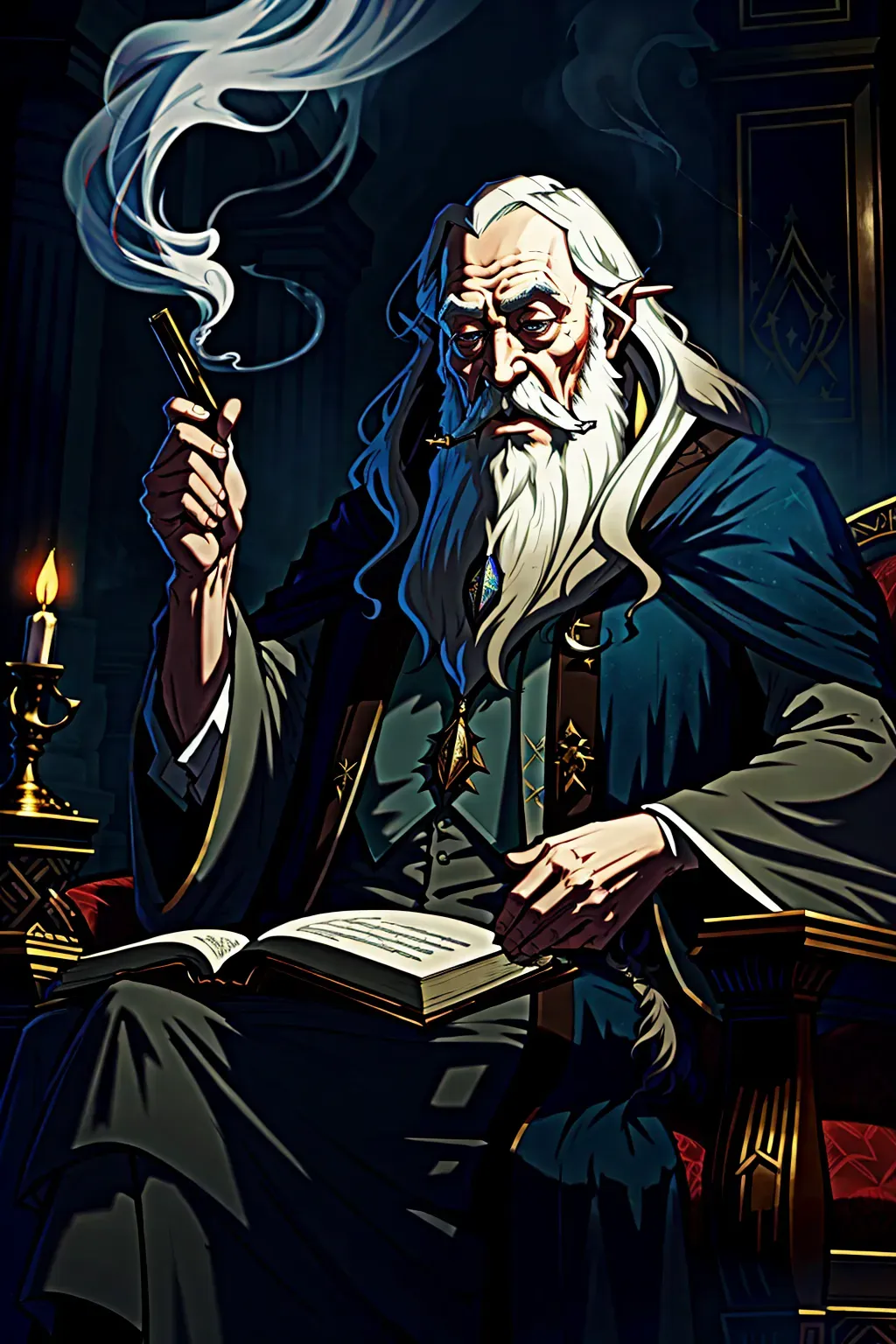 Dumbledore, 8k wallpaper, best quality, ultra hd, global lighting, hi-resolution, high quality, smoking weed