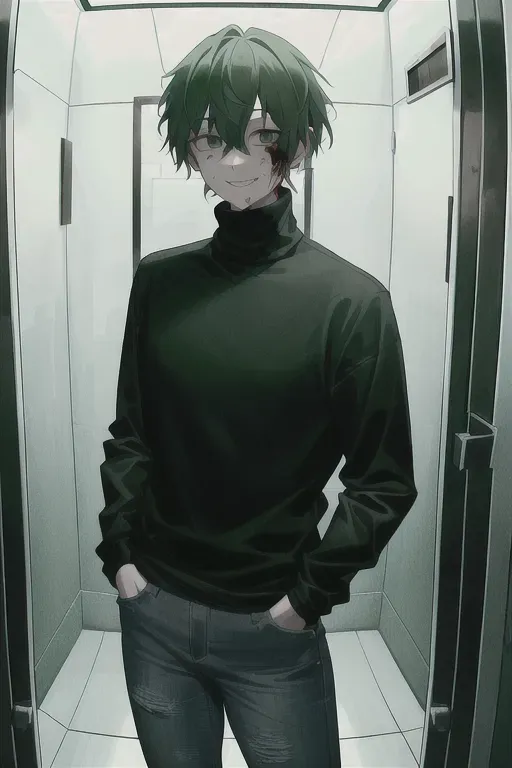 8k, (security camera shot of), a boy, with green hair and blood on his face, a green turtleneck, blood on face, ((standing in a closed elevator)), (topdown view), ((fisheye lens)), smiling, wholesome smile, thick turtleneck, looking at viewer from side, camera is in the top corner of the elevator, (fully clothed), hands in pockets, wearing jeans, standing casually in the middle of a closed elevator, 16-18 years old,