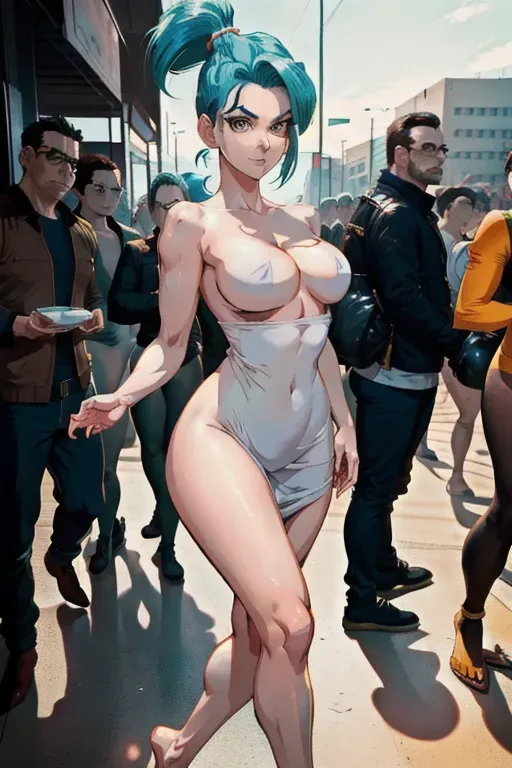bulma from dragonball ,((((wearing nothing)))),((detailed hair features)),((detailed facial features)),((((looking at the camera)))),(((public scene))), flat chest, full body