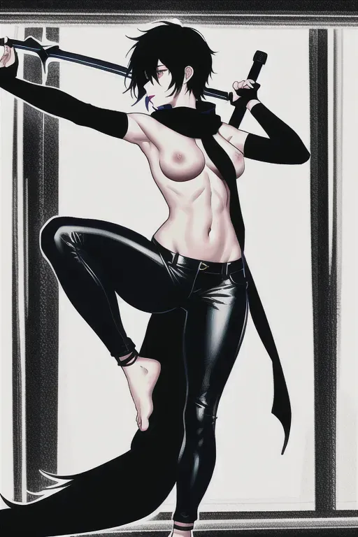 topless, black jeans, fingerless_gloves, toeless_gloves, yoga_socks, feet, toes, electrical_tape, black_lipstick, nipples, standing, fighting, tape, scarf, sword,