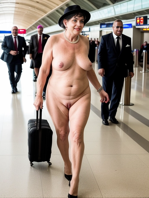 A naked mature middle aged lady, natural saggy breasts, aroused vulva, pot belly, is a bold and uninhibited VIP with her security body guards as she walks brazenly naked wearing only her high heel shoes, through a concourse in a public airport, Imelda Zammer, famous jazz singer, walking through the airport with her naked breasts and vagina on show for everyone to see.