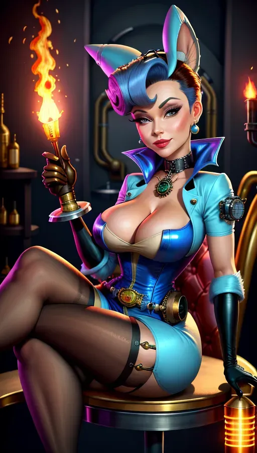 Best quality, 8k, high res, Judy Jetson, holding torch and potion, big tits, nylons, sitting, steampunk workshop, steampunk
