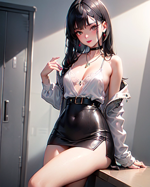 photorealistic, 8k, accurate face, (((detailed face))), (((replicate inspiration face))), full figure shot, shining eyes, female face, cute, 21 years old gorgeous, luxuriously long black hair, lipstick, bangs, small breasts, choker, necklace, pendant,
wearing white tight blouse and black mini skirt outfit, in locker room,