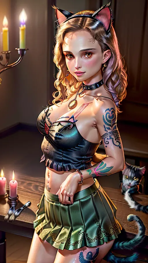 4k, beautiful, high resolution, masterpiece, realistic lighting, ((candlelit dinner with natalie portman)), ((looking at viewer over shoulder)), wooden table, realistic anatomy, ((empty placesettings)), dark background, tavern, ((standing behind table serving)), ((slave collar)), photorealistic face, ((very thin breastband), ((very short knife pleated skirt)), ((navel piercing)), ((tattoo on left arm of a serpent)), blushing, clothing on, demur, ((butt slightly visible below skirt)), ((girl is wearing cat ears and a cat tail))