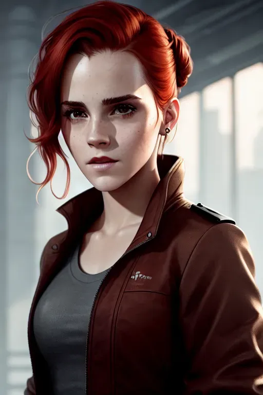 a digital painting of,emma watson,wearing survival clothing,standing,in a dystopian future,five fingers per hand,updo red hair,beautiful face,beautiful lips,curved eyebrows,pale skin,peaceful,studio lighting,ultra realistic,cinematic lighting,artstation,bokeh