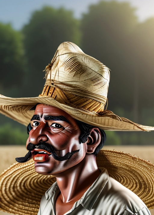 a photo realistic caricature of a mexican farmer wearing a well made straw hat