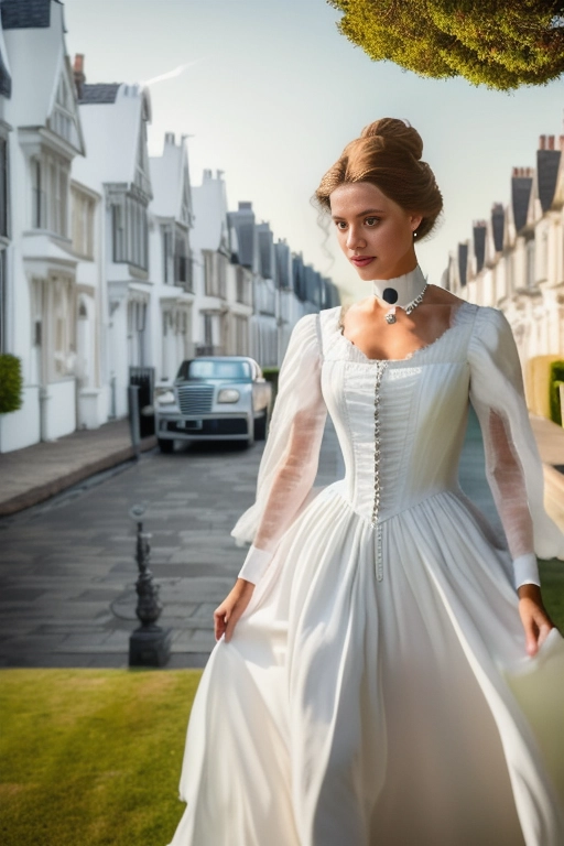 teen girl wearing long white dress, (highly detailed 8K HDR photo:1.2), (hyper real face), accurate facial detail, 8k, UHD, full body view, standing out side on the lawn, hyper accurate facial detail, full body pose, dark blonde hair, wearing a 18th century white dress with a choker