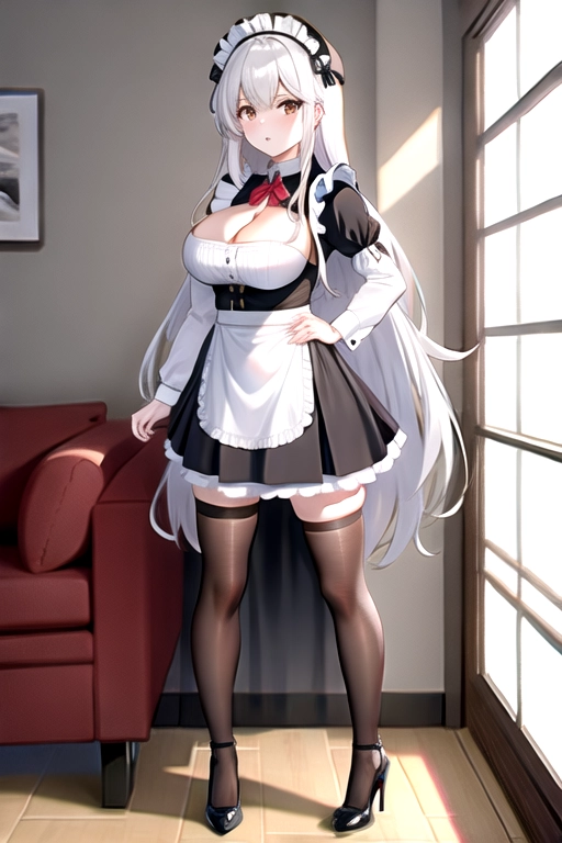 8k quality, brown eyes, pale white skin, white hair, giant breasts, cleavage, looking at viewer, pov, long hair, wavy hair, black maid uniform, high heels, miniskirt, standing in living room, full body photo